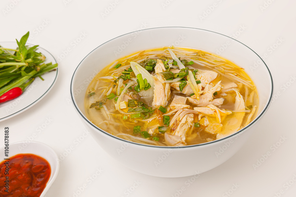 Mien Ga, Chicken cellophane noodles soup with vegetable, Vietnamese food isolated on white background, close-up view Mien Ga, Chicken cellophane noodles soup with vegetable, Vietnamese food isolated on white background, close-up view