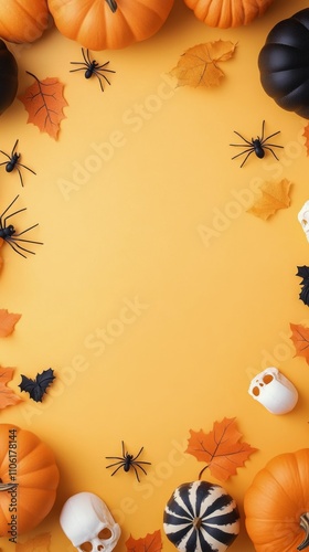 Colorful Halloween decorations with pumpkins, skulls, and spiders on yellow b...