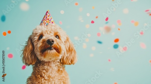 Happy dog celebrates birthday with colorful confetti and festive party hat in...