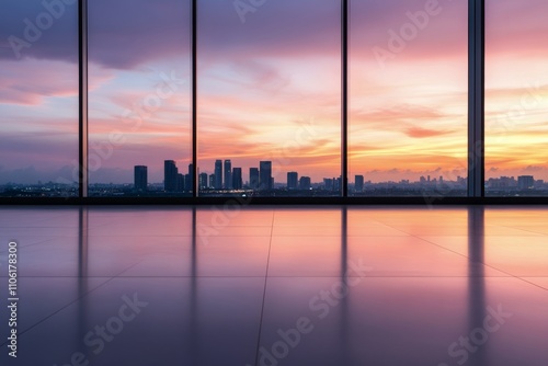 Sunset view over city skyline from modern building with large windows