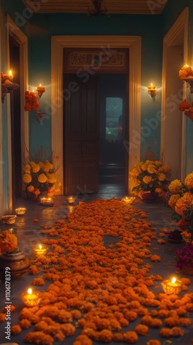 Festive corridor adorned with marigold flowers and candles during evening cel...