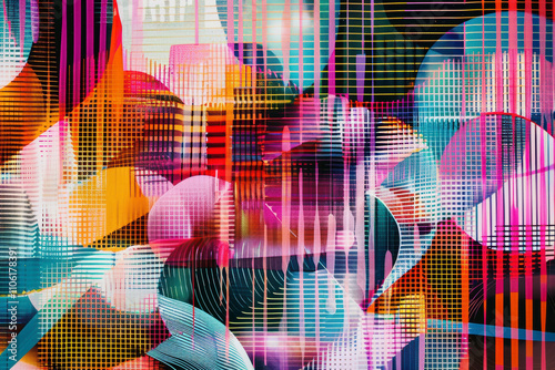 Colored abstract lines, circles, textured smooth arcs on a multi-colored background with geometric figures with a moving effect.