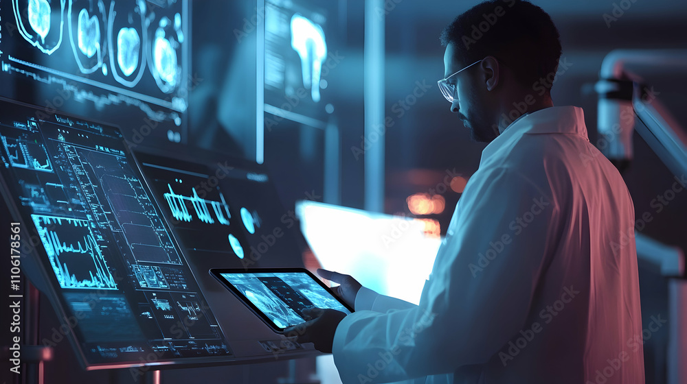 Doctor Using Tablet to Access Patient Records and Medical Devices, Showcasing Advancements in Healthcare Technology