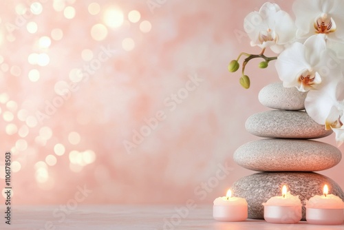 Stacked stones with candles and orchids create a serene atmosphere for relaxa...