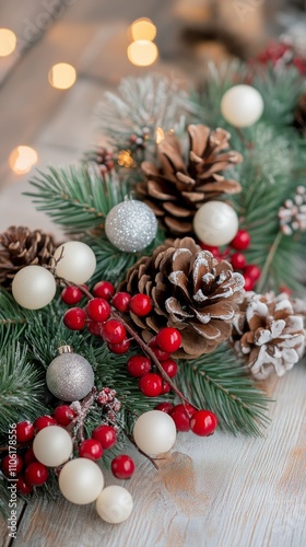 Beautiful holiday centerpiece with pinecones and red berries for festive deco...