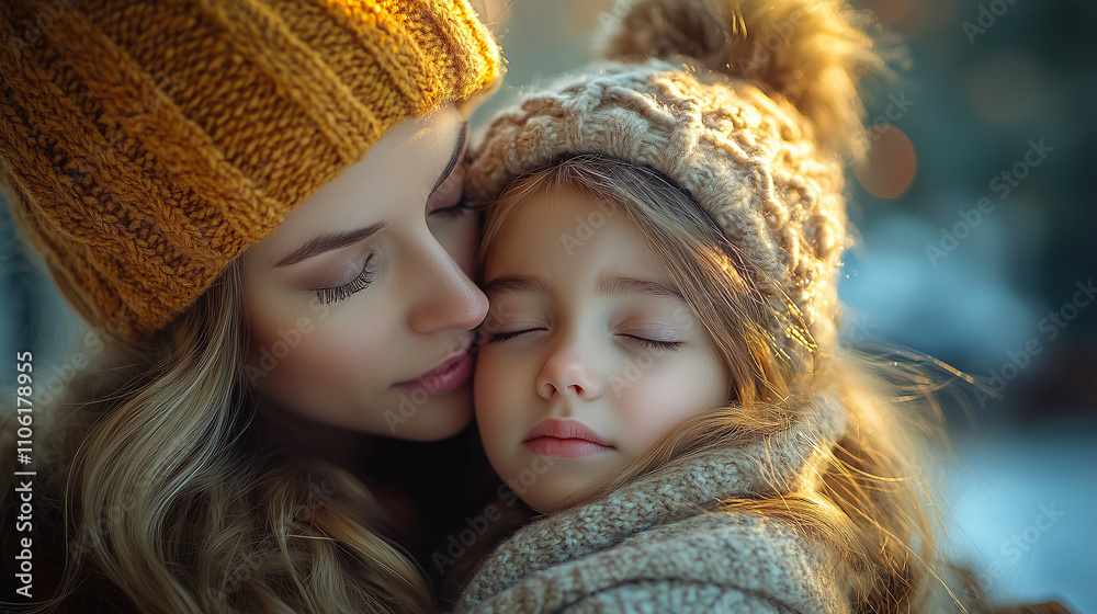 Mother and daughter share a warm embrace during a cozy winter evening in a snowy outdoor setting. Generative AI Mother and daughter share a warm embrace during a cozy winter evening in a snowy outdoor setting. Generative AI