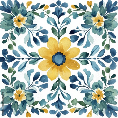 Vibrant floral pattern featuring blue and yellow flowers with green leaves in...