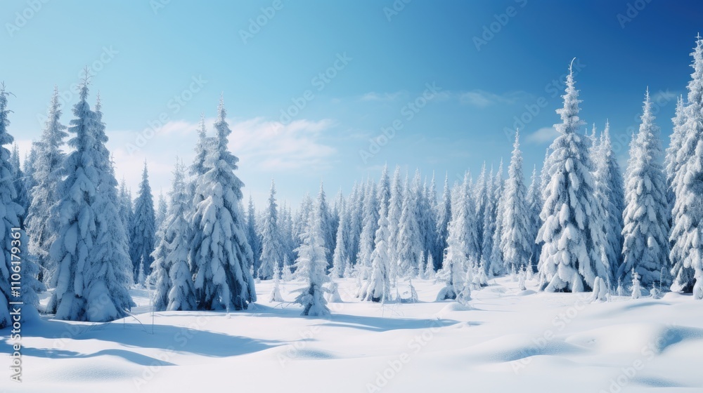 A breathtaking winter landscape featuring snow-covered trees, forming an enchanting and serene setting ideal for a Christmas or New Year background, perfect for holiday marketing materials, cards A breathtaking winter landscape featuring snow-covered trees, forming an enchanting and serene setting ideal for a Christmas or New Year background, perfect for holiday marketing materials, cards