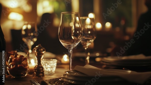 Elegant candlelit dinner setting with wine glasses and soft lighting in a coz...