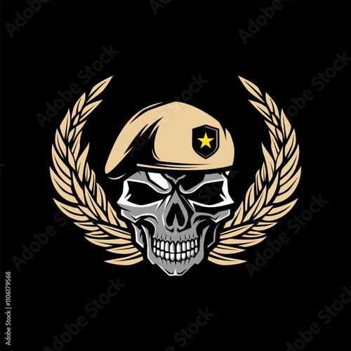 Military Skull wearing military beret vector illustration logo. Design element for logo, label, sign, emblem. Vector illustration