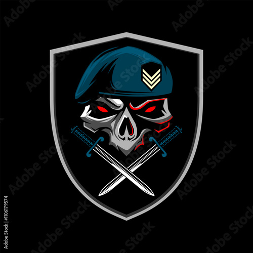 Military Skull wearing military beret in Shield with dagger vector illustration logo. Design element for logo, label, sign, emblem. Vector illustration