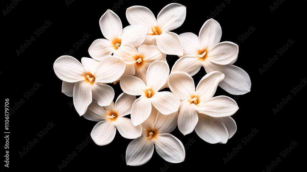 Fototapeta premium Group of white flowers with five petals and yellow centers on a black background resembling an artistic floral arrangement.