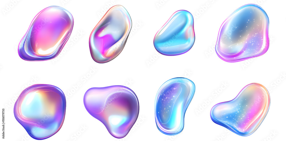 Holographic liquid bubbles isolated on white transparent background Holographic liquid bubbles isolated on white transparent background