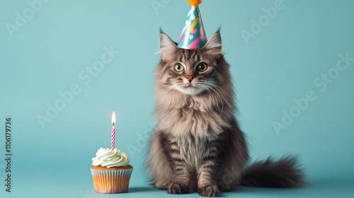 Celebratory cat wearing a party hat next to a cupcake on a blue background