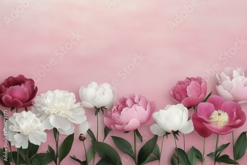 Beautiful bouquet of pink and white peonies arranged on a pink background