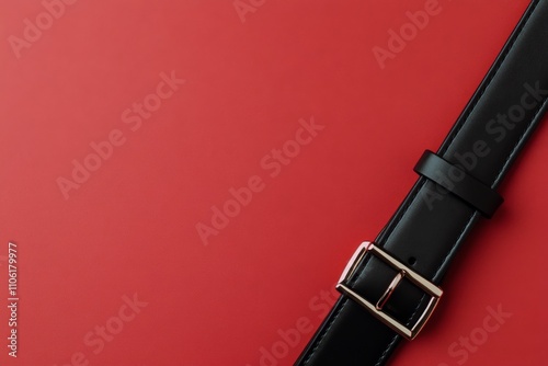 Black leather belt on a solid red background showcasing classic style and ele...