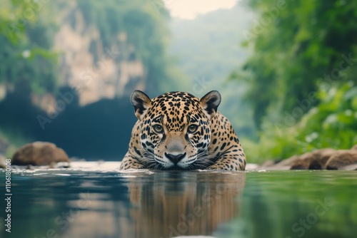 Majestic jaguar prowling through calm waters in lush rainforest habitat at dawn