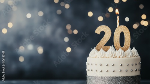 A festive cake with a sparkly 20 candle and a soft bokeh background