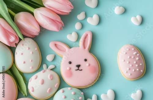 Colorful Easter cookies arranged with pink tulips on a light blue background photo