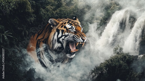 Animals and Wildlife. A tiger roaring merged with a dense jungle and cascading waterfalls