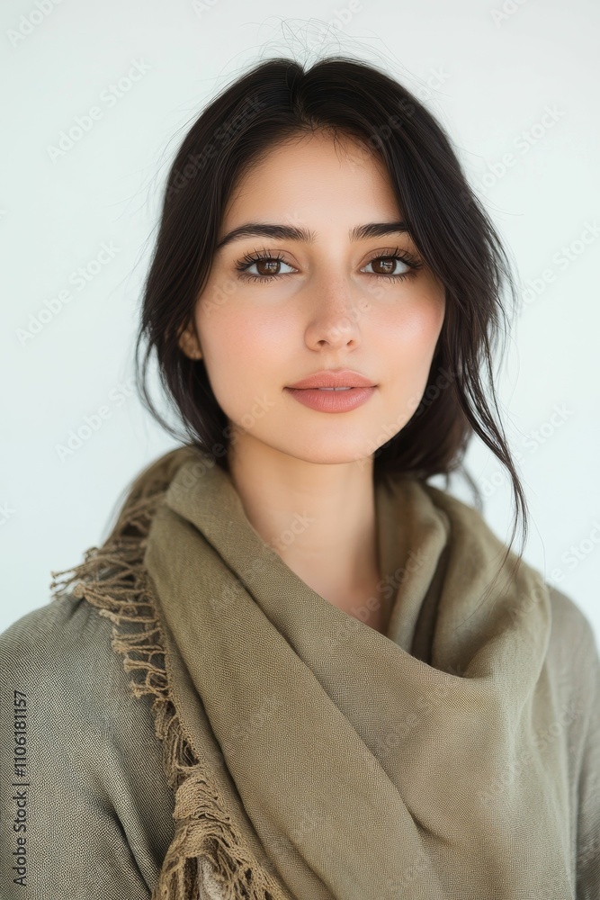 Woman, dark hair, neutral tones, simple garment, serene expression. Woman, dark hair, neutral tones, simple garment, serene expression.