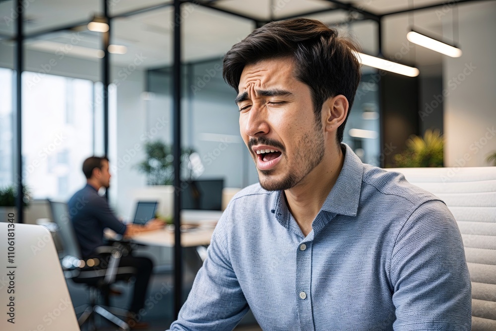 Young Professional Struggling with Coughing Illness in Modern Tech Office Environment Young Professional Struggling with Coughing Illness in Modern Tech Office Environment