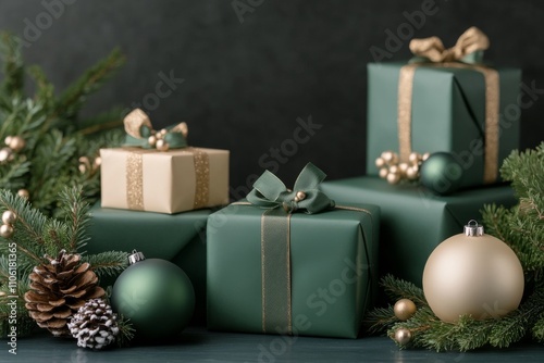 Holiday gifts decorated with greenery and ornaments on a dark background