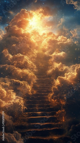Heavenly ascent with stone stairs leading to bright clouds and sunlit sky
