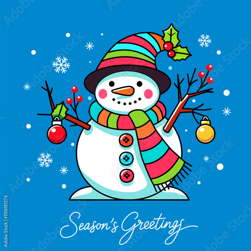 greeting card snowman with carrot in hat and scarf and christmas balls in linear style. vector illustration isolated with greeting inscription holiday season