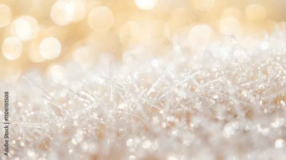 Close-up view of snow resting on grasses, fine frost crystals sparkling under gentle light, blurred holiday bokeh background in warm gold tones. Close-up view of snow resting on grasses, fine frost crystals sparkling under gentle light, blurred holiday bokeh background in warm gold tones.