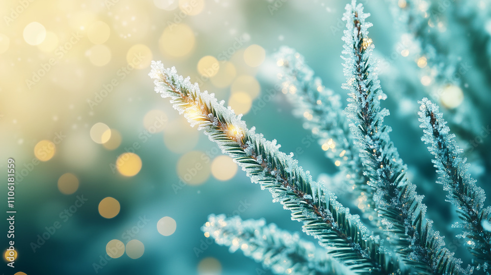 A serene close-up photograph of snow-touched pine needles, each needle catching frost and light.