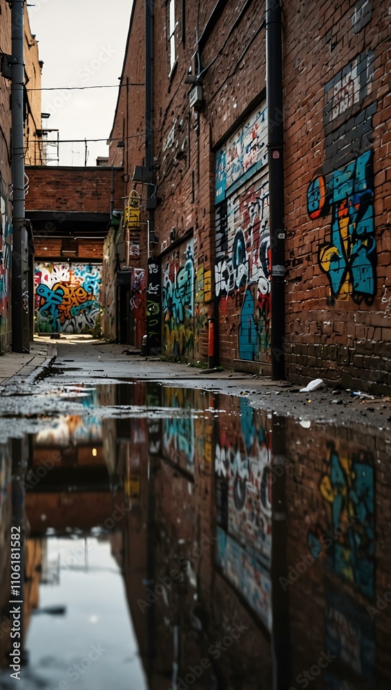 Fototapeta premium Graffiti-filled alleyway reflecting urban creativity and culture.