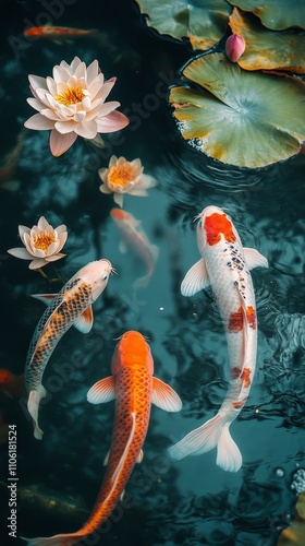 Koi fish swimming peacefully among water lilies in a tranquil pond setting photo