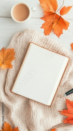 Cozy autumn atmosphere with open notebook and colorful leaves on soft gray bl...