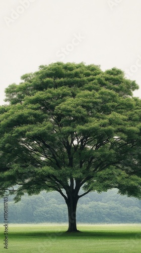 Large green tree standing alone in a serene landscape with misty mountains in...