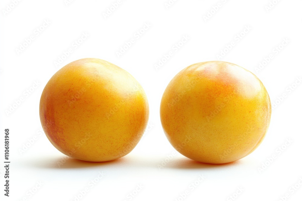 Two Peaches Isolated on White Background. Fresh and Ripe Yellow Fruits Two Peaches Isolated on White Background. Fresh and Ripe Yellow Fruits