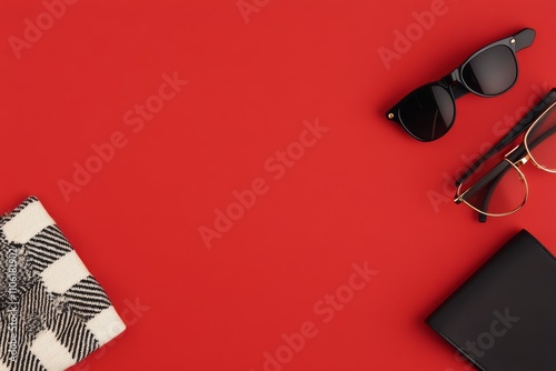 Stylish accessories arranged on a vibrant red background for a trendy look