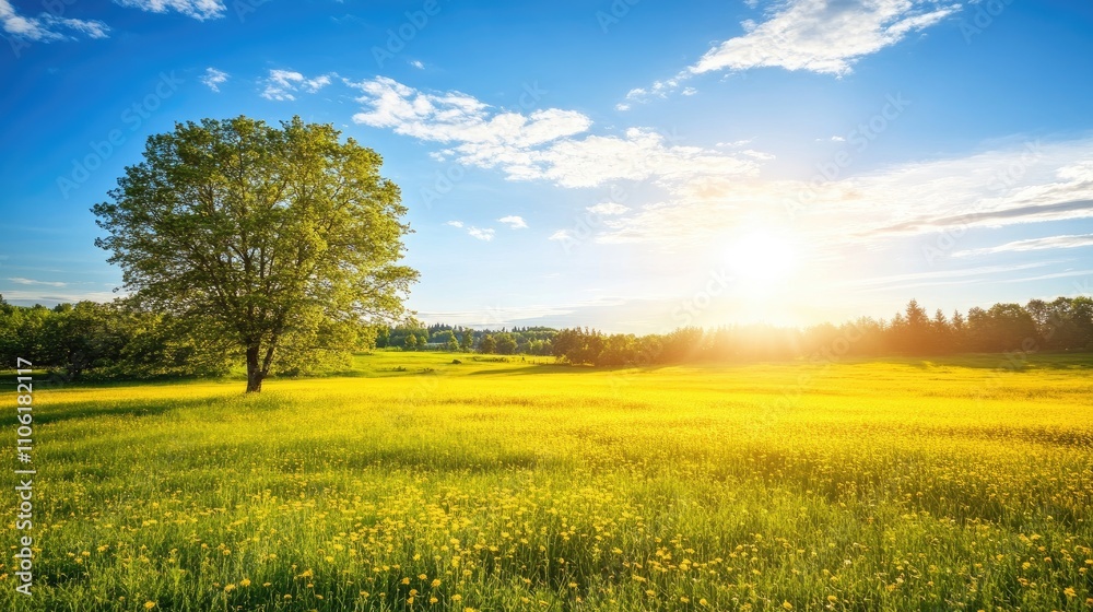 Sunlit Meadow with Tree and Wildflowers Under Clear Blue Sky Sunlit Meadow with Tree and Wildflowers Under Clear Blue Sky
