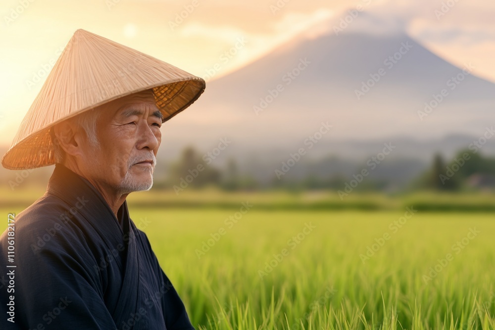 Elderly man in traditional attire near rice fields with mountain backdrop at sunset Elderly man in traditional attire near rice fields with mountain backdrop at sunset