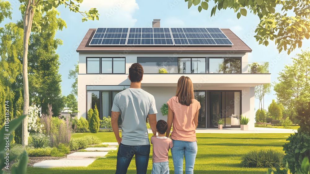Obraz premium Family Standing in Front of Modern Family House with Solar Panels on Roof