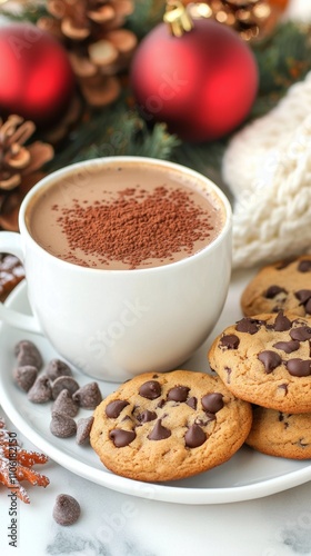 Warm chocolate chip cookies and hot cocoa served on a cozy winter table setting
