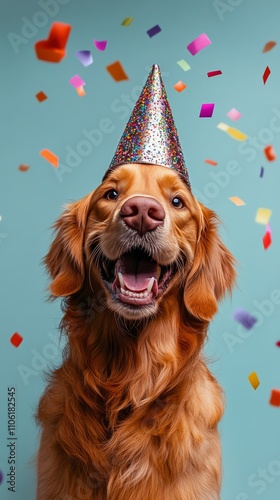 Golden retriever with a party hat celebrating with colorful confetti in the b...
