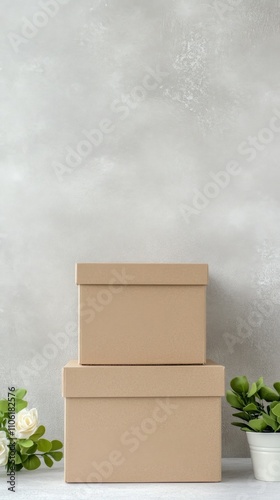 Stacked brown gift boxes on a wooden surface with a vase of white flowers nearby