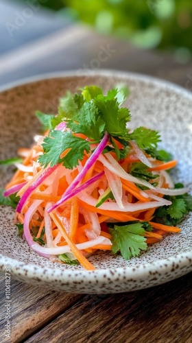 Colorful vegetable salad with carrots, onions, and cilantro served in a decor...
