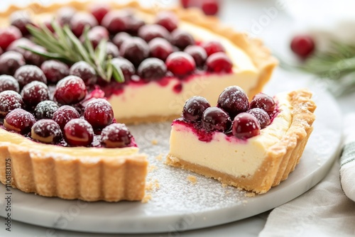 Festive cranberry tart with creamy filling and fresh rosemary decoration read...
