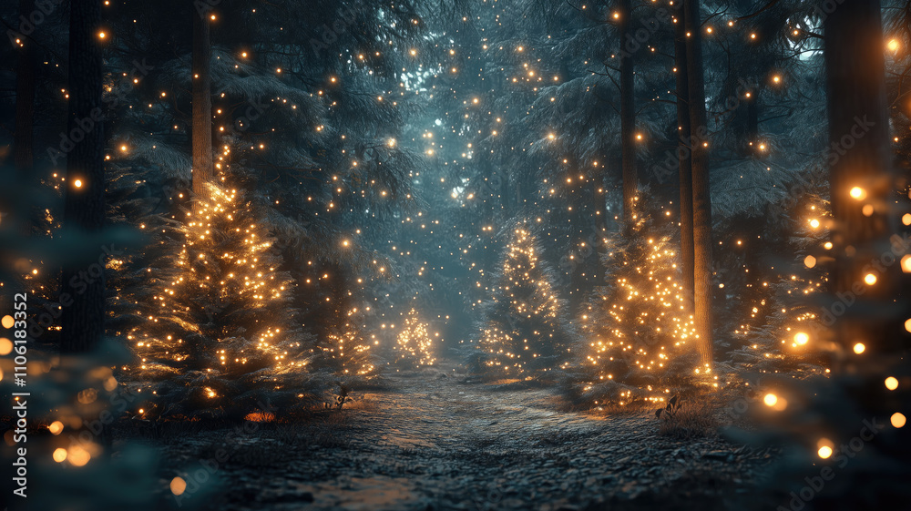 Magical forest with christmas trees and glowing lights Magical forest with christmas trees and glowing lights