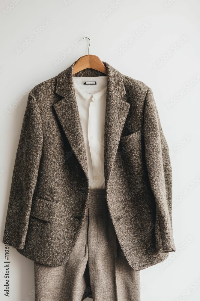 Brown textured suit, white shirt, hanging.