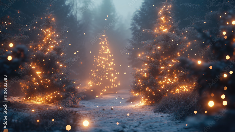 Naklejka premium Magical forest with christmas trees and glowing lights