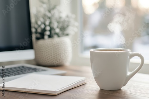 Cozy workspace with coffee cup and laptop beside a bright window