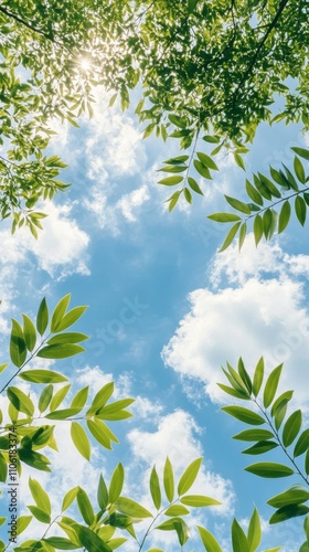 Blue sky framed by green leaves creates a serene atmosphere in nature